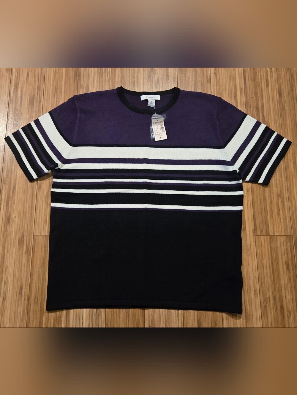 NWT Dressbarn Striped Short Sleeve Knit Top in Purple, White & Black